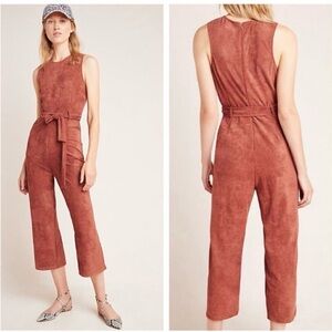 Anthropologie Brown Faux Suede Sleeveless Belted Jumpsuit Pockets Women Large
